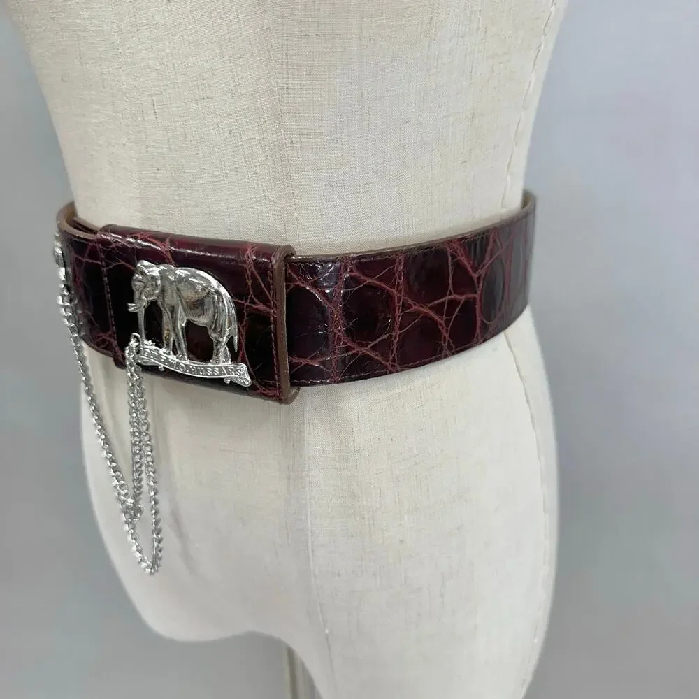 Catherine‎ Carson burgundy leather strap belt silver elephant & drop chain small